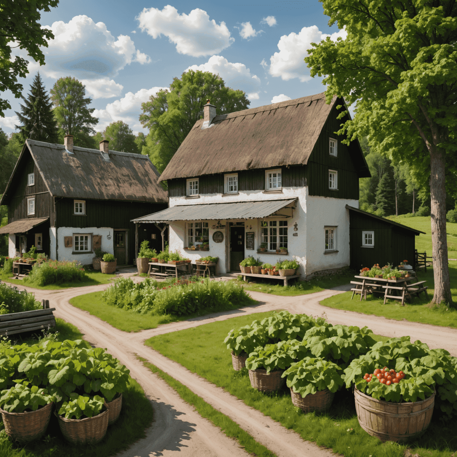Eesti maapiirkonna panoraamvaade, kus on näha väike ühistupood küla keskel, ümbritsetud rohelusest ja traditsioonilisest arhitektuurist