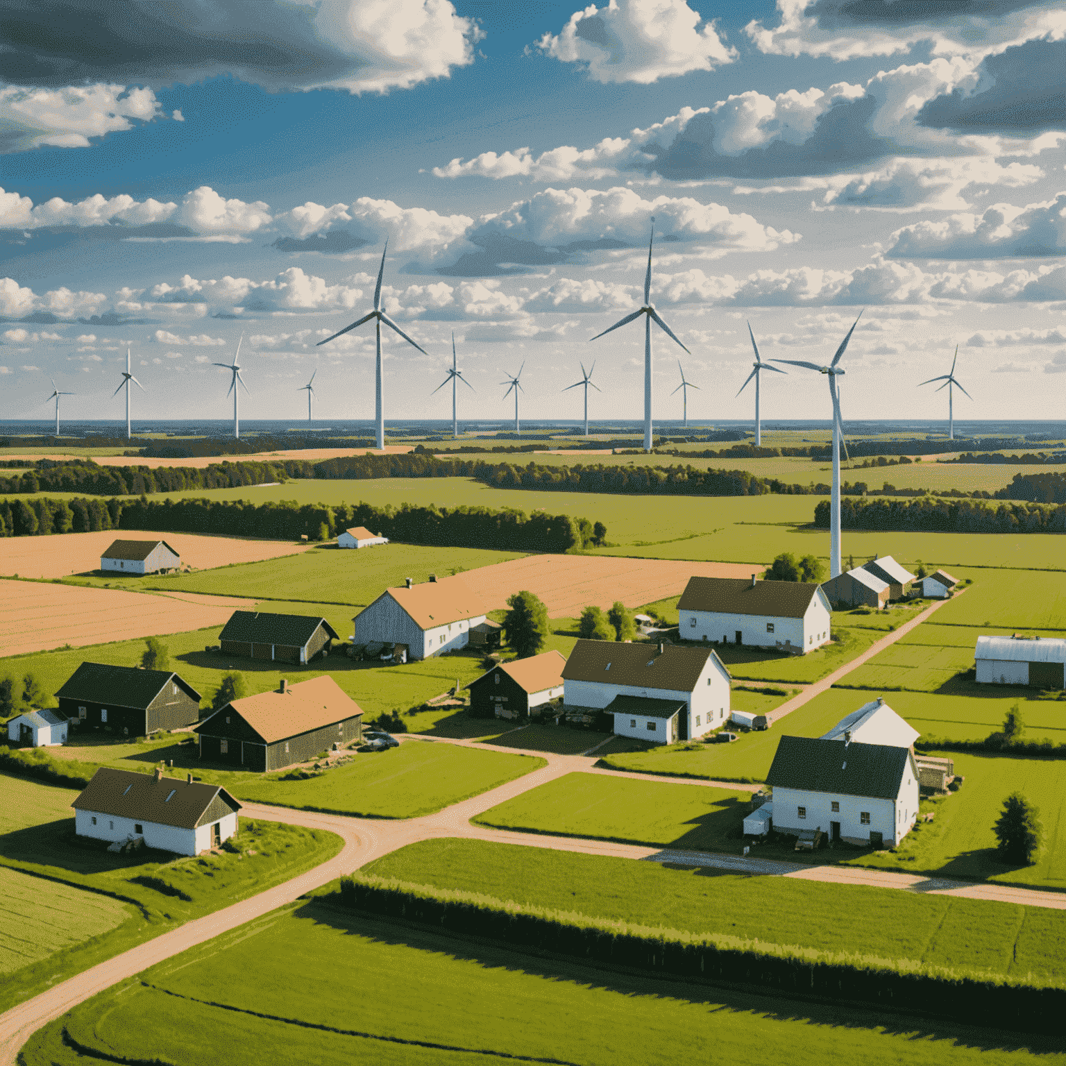 Panoramic view of Estonian countryside with sustainable farming practices, wind turbines in the distance, and a local cooperative store in the foreground